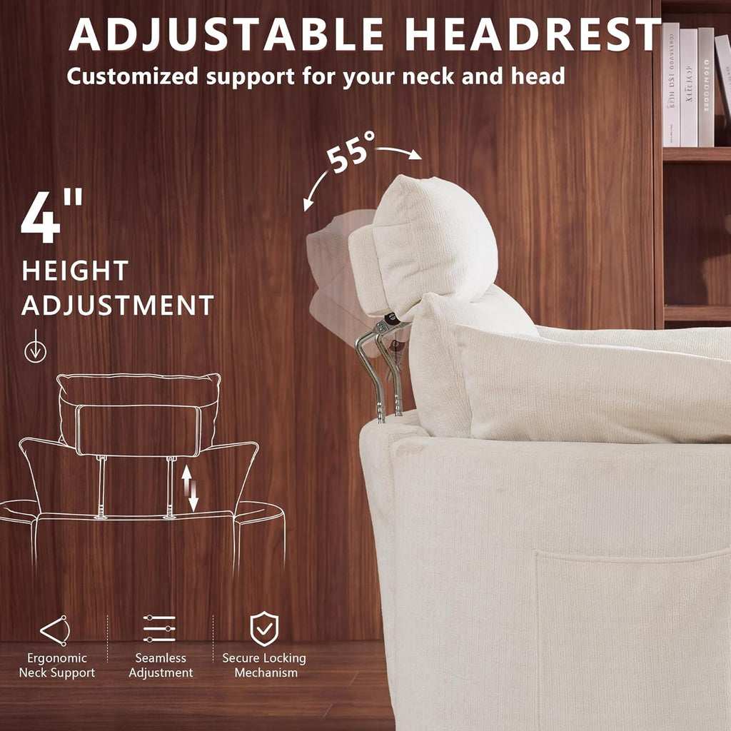 Chenille Nursery Rocking Chairs Recliner, Manual, White | 4" Height and 55° Angle Adjustable Headrest, 360° Silent Swivel, Glider, Phone Holder, 2 Side Pockets, 2 Pillows, 400LBS