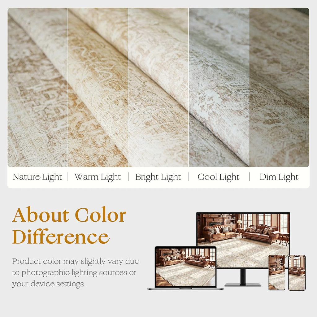 Beauoop 2x6 Hallway Runner Rug Beige Washable Vintage Distressed Neutral Retro Carpet Non Slip Soft Cream Low Pile Indoor Rug for Entryway Kitchen Bedroom Bathroom Laundry Bedside Entrance Living Room