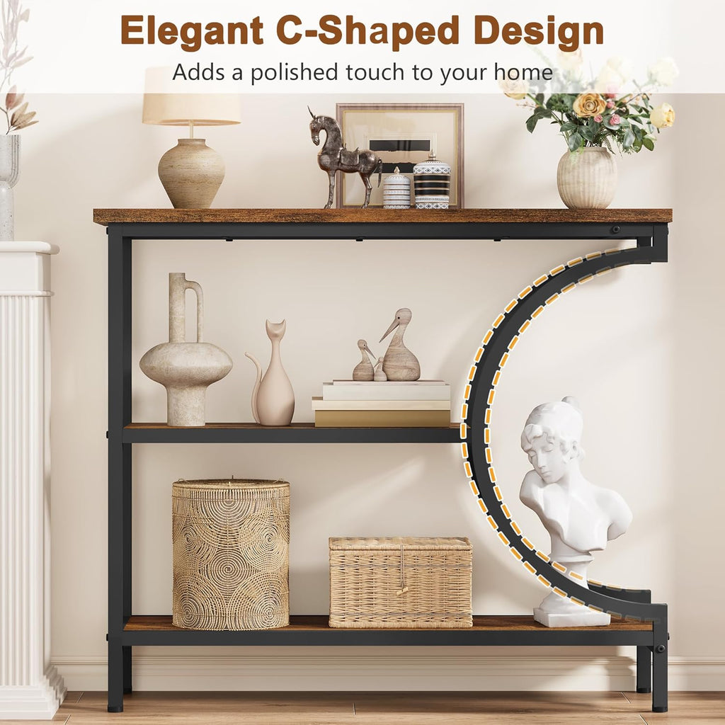 Hoctieon Console Table, 3-Tier Industrial Entryway Table with Storage, Hallway Tables, Narrow Entrance Sofa Tables, C-Shaped Metal Frame, Accent Tables with Shelves for Living Room, Rustic Brown