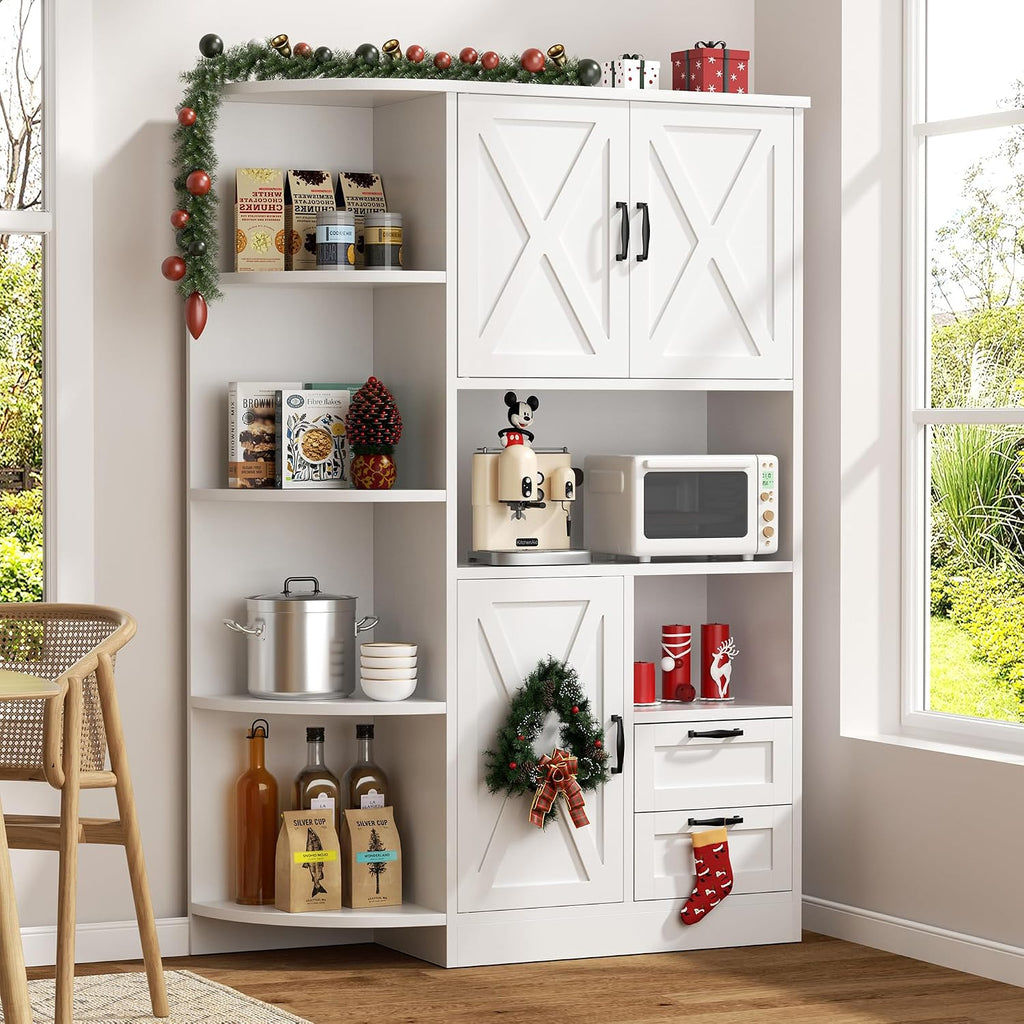 SUNLEI Farmhouse Tall Kitchen Hutch, Pantry Storage Cabinet with Microwave Shelf, Multi-Functional Kitchen Organizers with Cupboard & Drawers for Dining Room, White