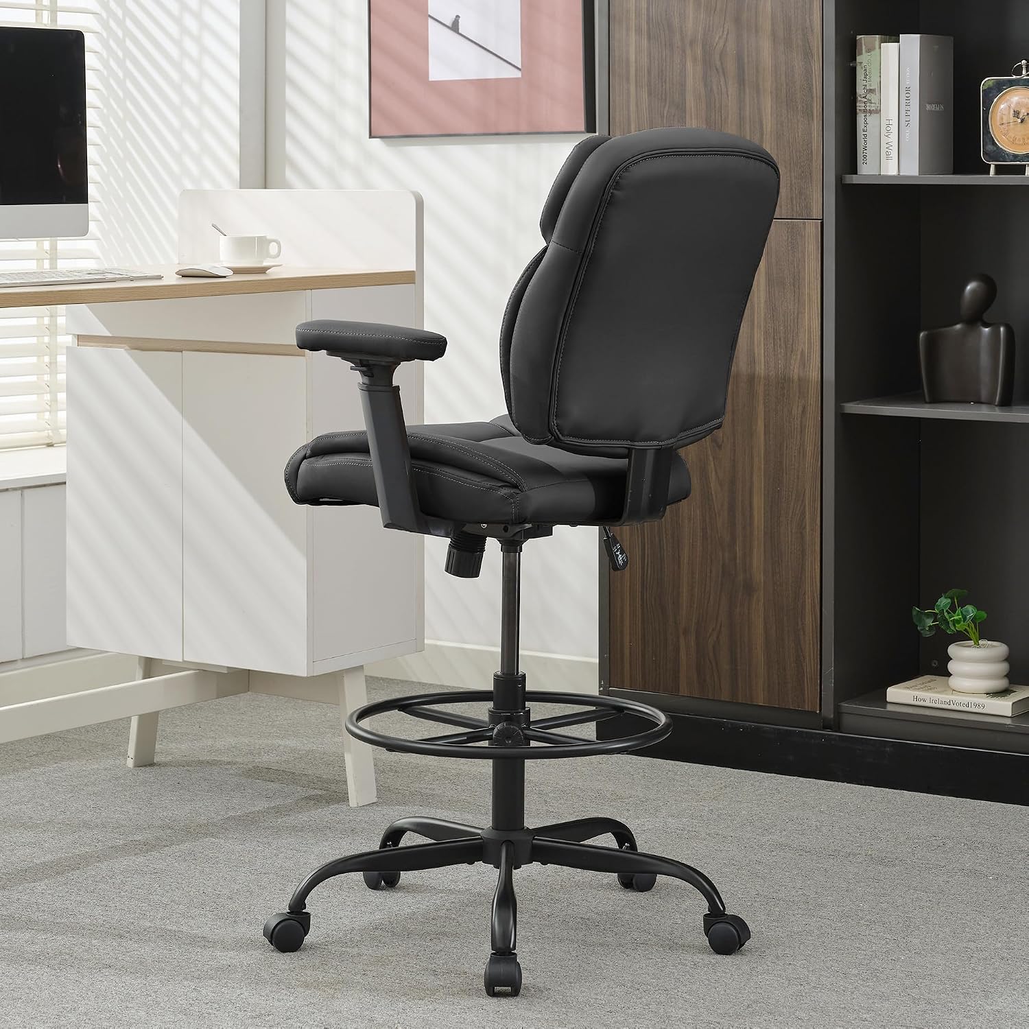 Okeysen Drafting Chair Standing Desk Chair, 500 LBS Leather Big and Tall Office Chair with Adjustable Armrests & Foot Ring, Modern Tall Desk Chair with Mid Back, Swivel Rolling Drafting Stool.