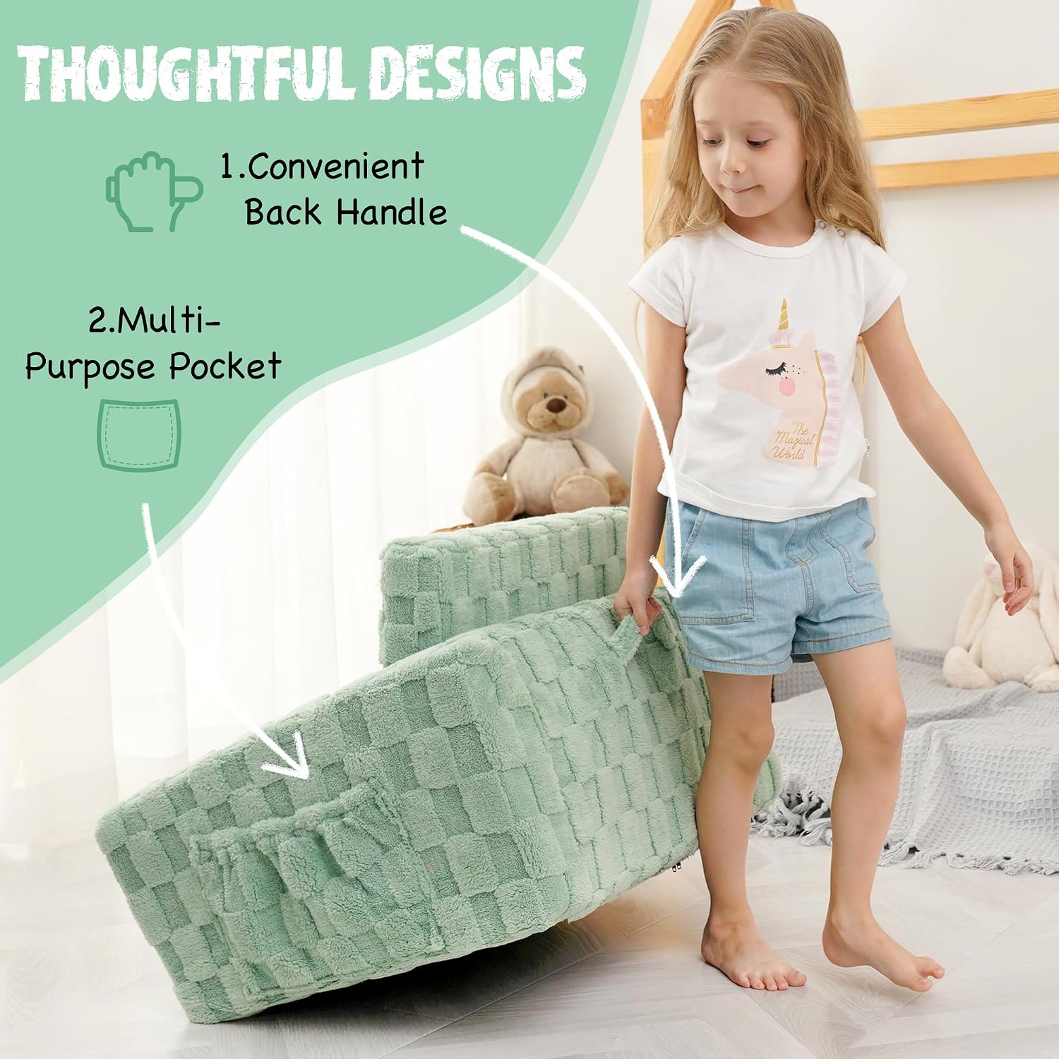Toddler Couch for Kids, 2-in-1 Kids Fold Out Couch with Flip Open Sofa Lounger, Soft Flannel Kids Sofa Chair for Playroom Bedroom, Green
