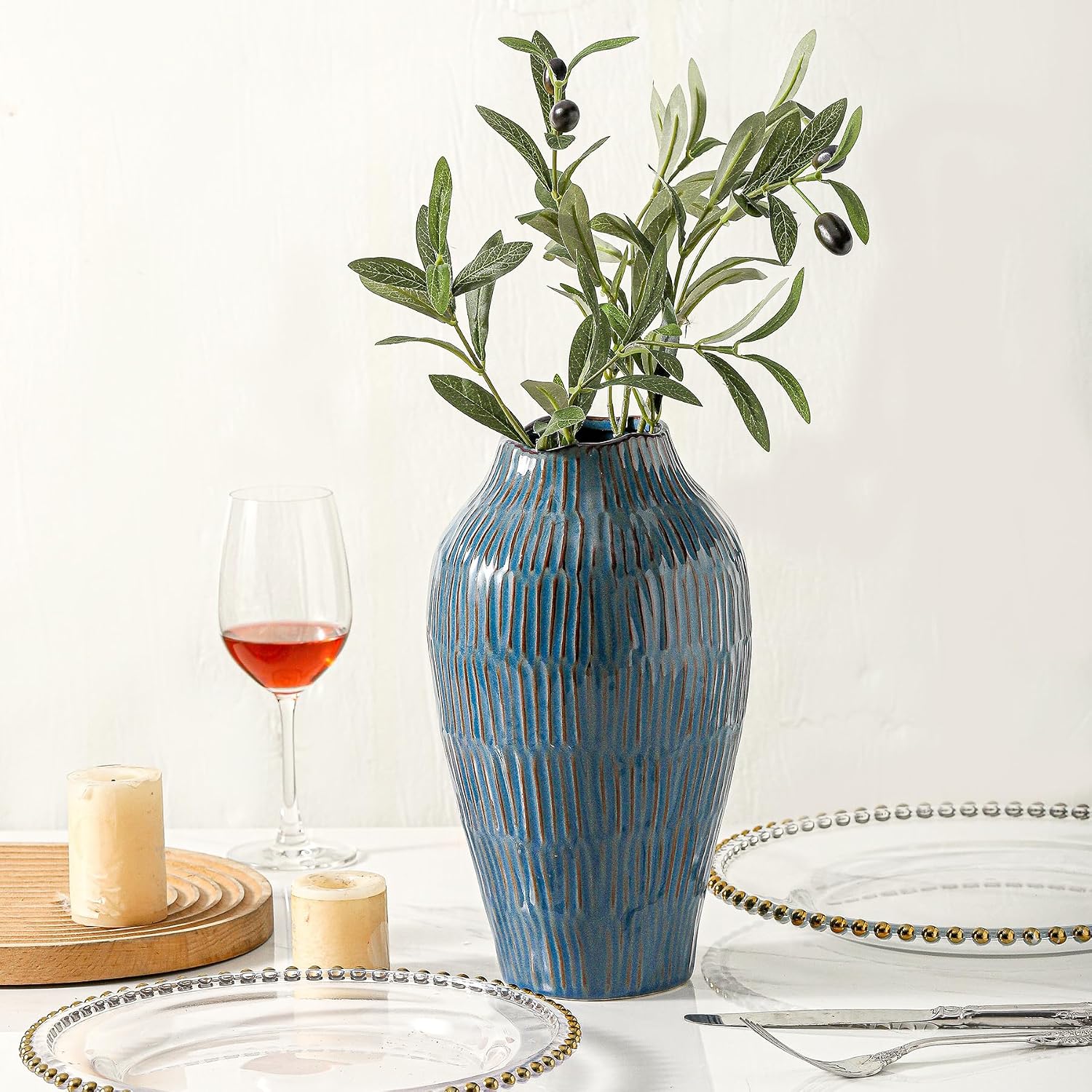 Blue Ceramic Vase for Home Decor,11.6 Inch Flower Vase，Decorative Vases for Pampas Grass，Modern Art Texture Vases for Home Entryway Living Room Dining Table Farmhouse Office Decor-Blue