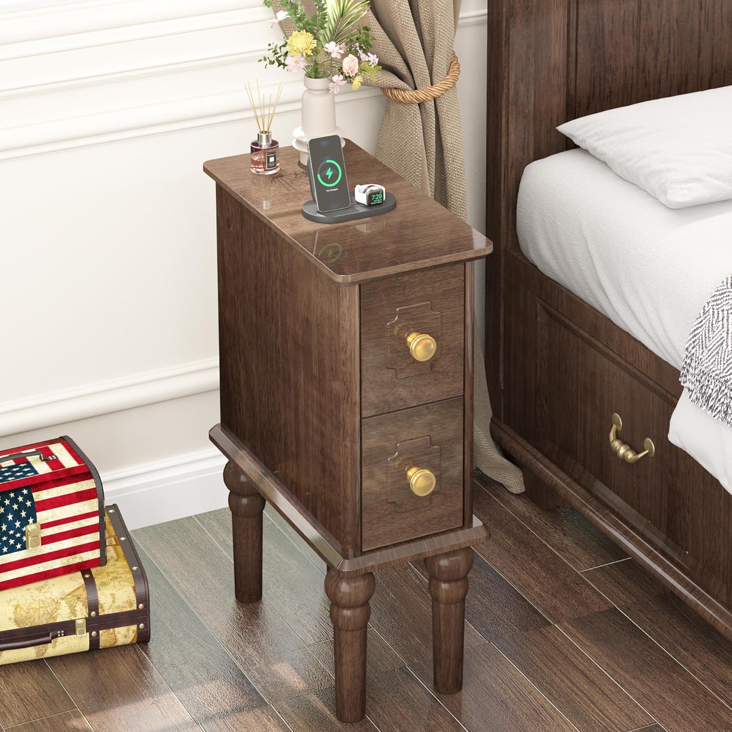 Solid Wood End Table, Walnut Narrow Side Table with Drawers, Small Nightstand Skiny Beside Table for Small Space, Living Room, Bedroom, 8" Width