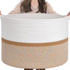 CHICVITA XXL Extra Large Blanket Basket, Cotton Rope Storage Basket for Organizing, Home Decor Woven Basket for Laundry Baby Nursery Decorative Toy Bin, White and Brown, 22" x 22" x 14"