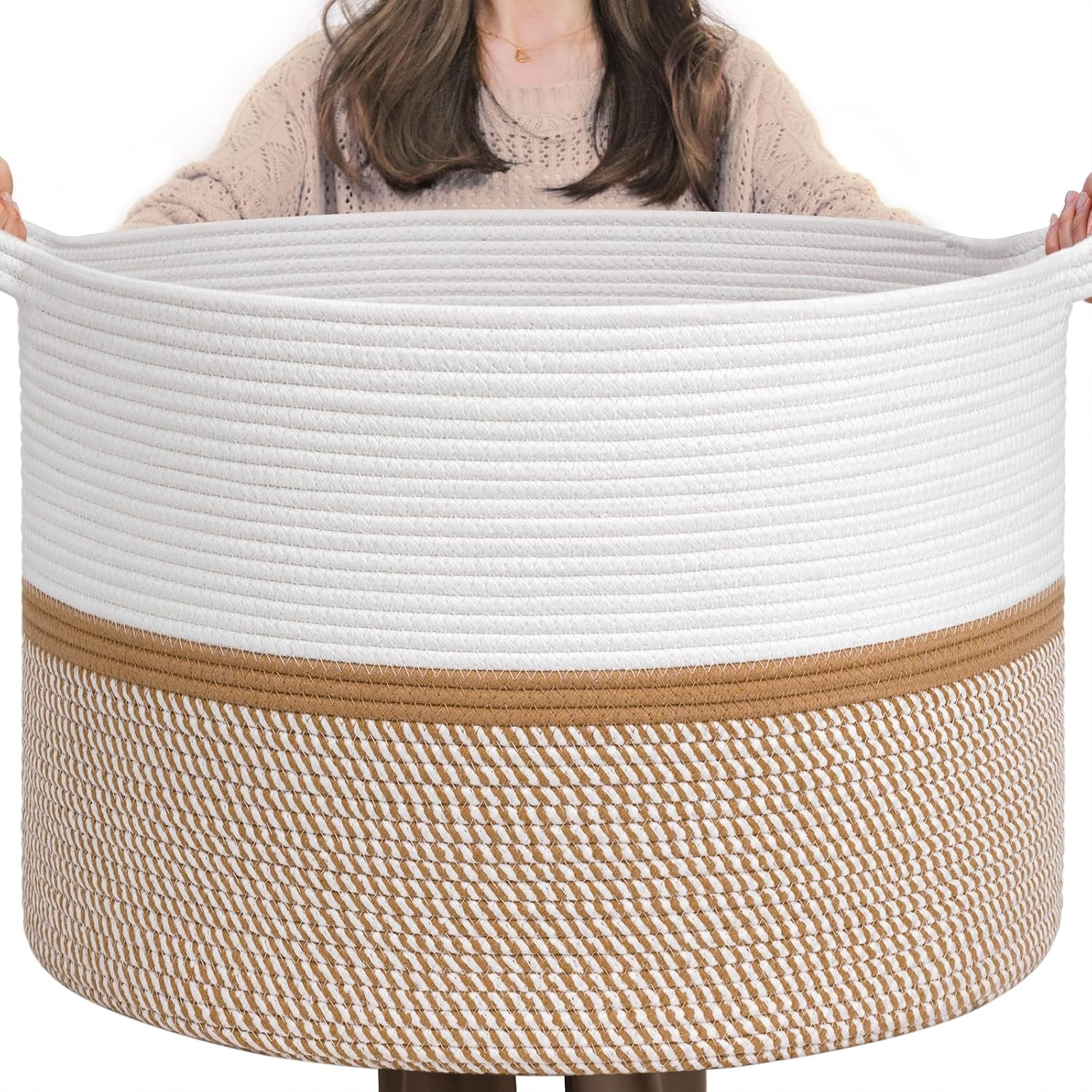 CHICVITA XXL Extra Large Blanket Basket, Cotton Rope Storage Basket for Organizing, Home Decor Woven Basket for Laundry Baby Nursery Decorative Toy Bin, White and Brown, 22" x 22" x 14"