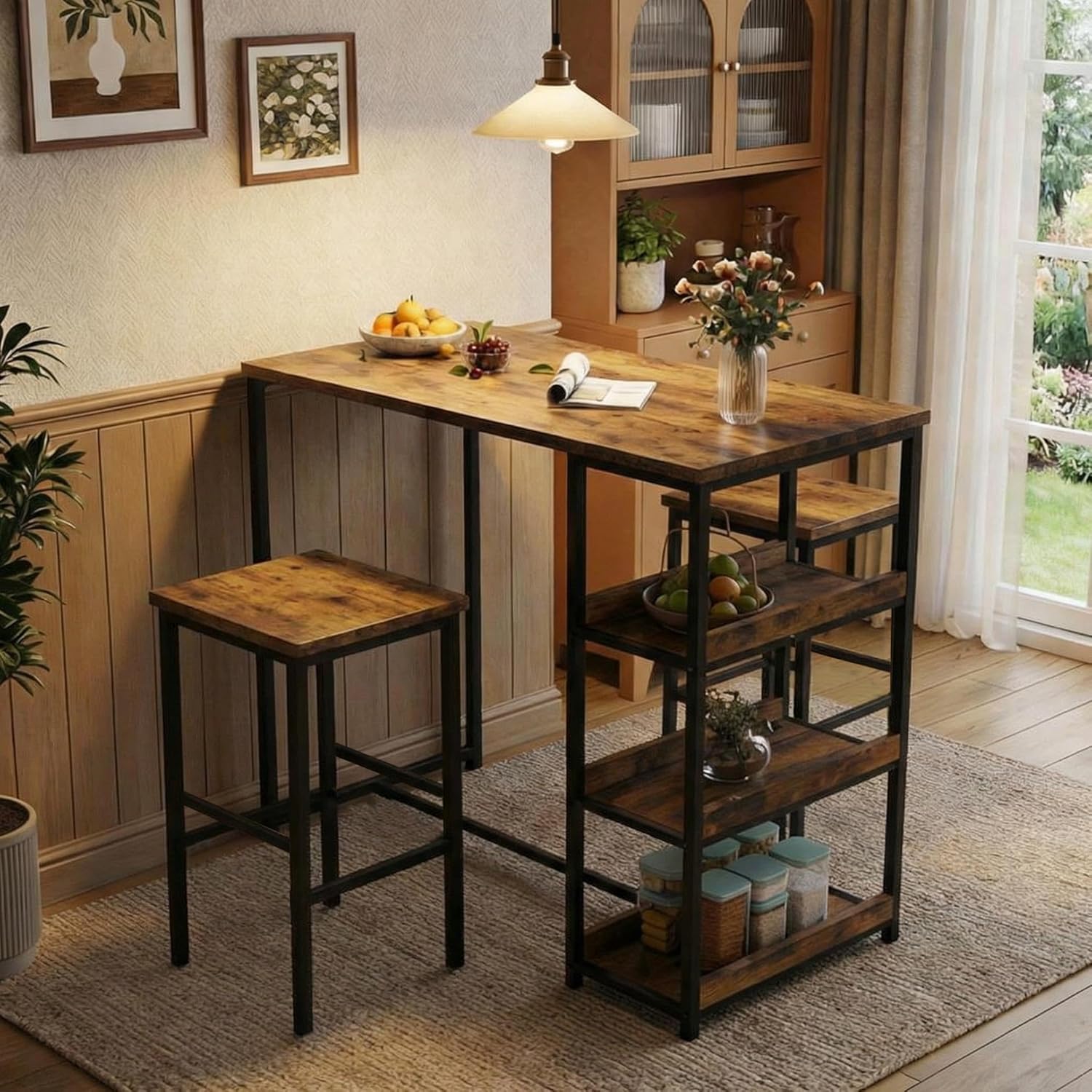 GarveeHome 3-Piece Kitchen Table Set with Storage Shelves & 2 Bar Stools - Iron and Wood Dining Table for Small Spaces, Apartments, Condos, Rustic Brown