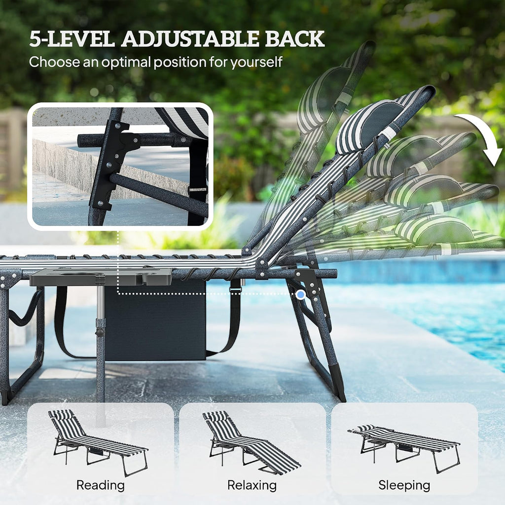 Outsunny Folding Chaise Lounge Chair Outdoor Tanning Chair with Side Table, 5-Level Adjustable Beach Lounge Chair with Headrest, Side Pocket for Patio, Backyard, Beach, Poolside, Blue and White