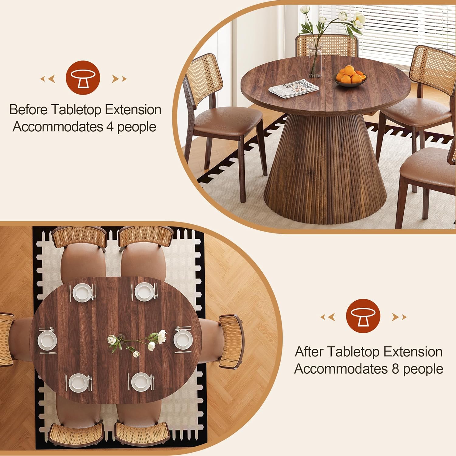 FurSch 43.3"-59" Extendable Oval Dining Table for 4-6-8, Round Adjustable Kitchen Table with Removable Leaves Space Saving, Transformer Dinner Table with Fluted Pedestal Base for Living Room (Walnut)