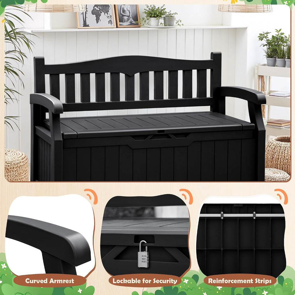 JUMMICO 80 Gallon Resin Outdoor Storage Bench, Large Deck Box with Armrest, Lockable&Waterproof for Garden, Home, Patio, Pools (Black, 80 Gallon)