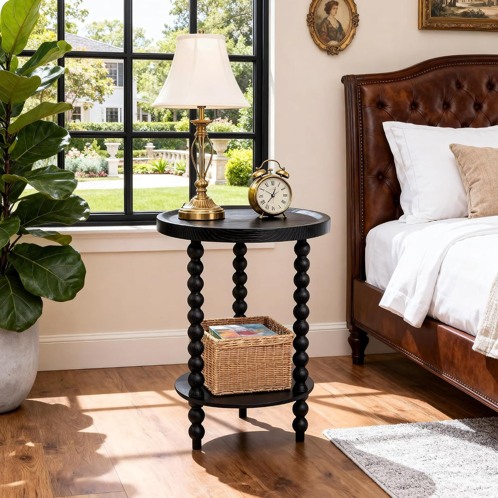 Round 2 Tier Side Table, End Table with Storage Shelf, Modern Nightstand Beside Table for Living Room, Bedroom, (Black, Normal, Wood)