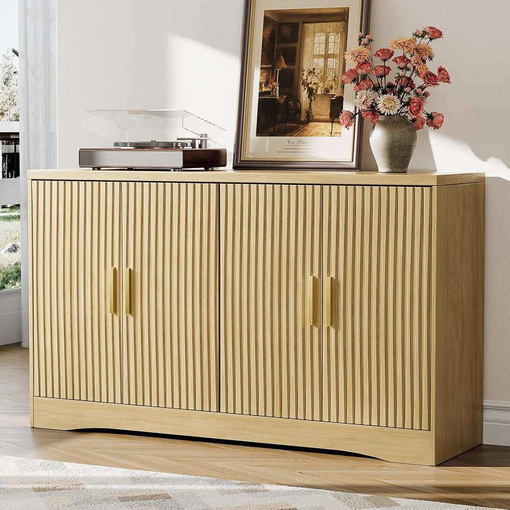 Memobarco 55" Modern Sideboard Buffet Cabinet with Storage, 4 Door Fluted Credenza Table Media Console Cabinet Entryway Cabinets with Adjustable Shelves for Living Room Kitchen, Wood