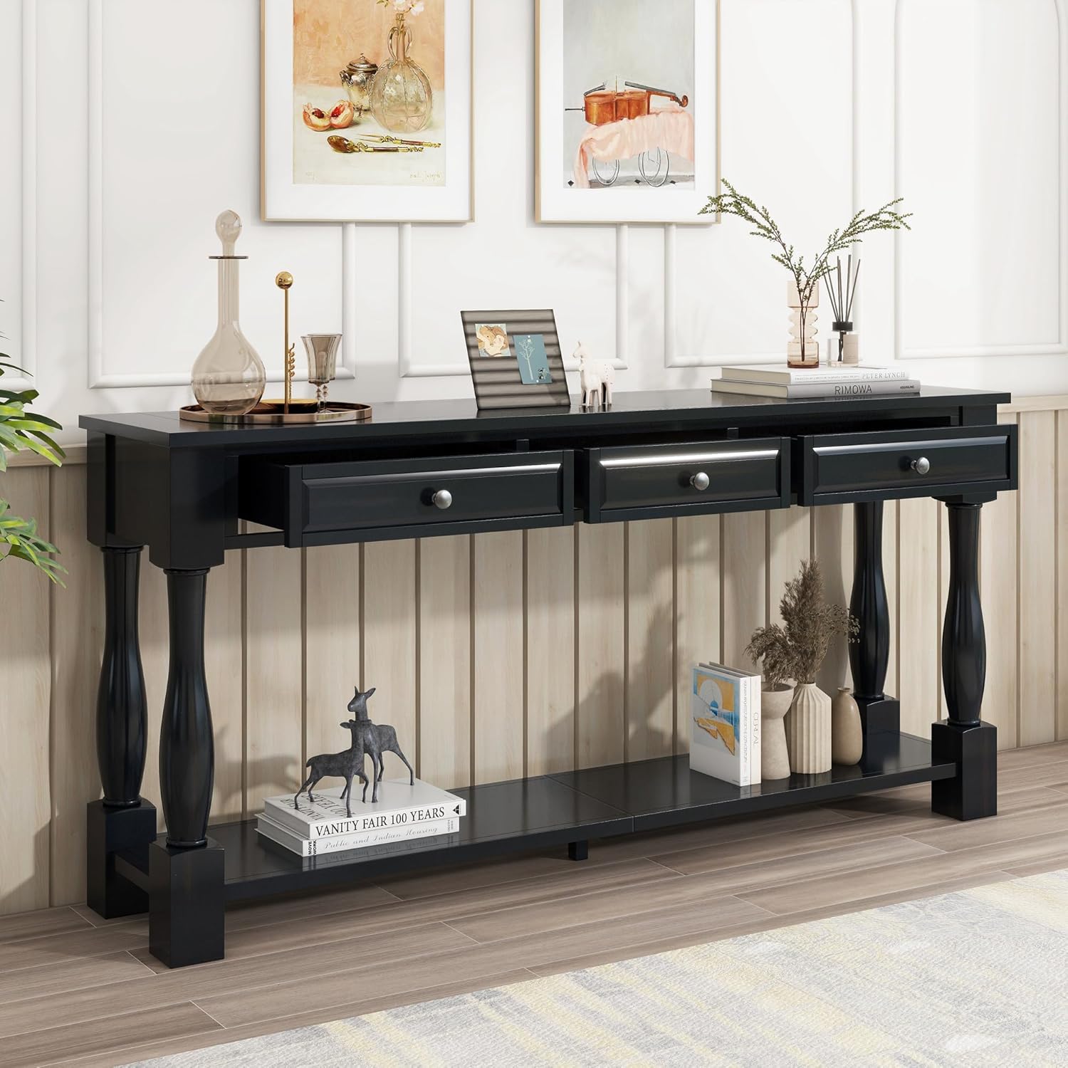 Knocbel Long Console Table with 3 Drawers & Bottom Open Shelf, Solid Wood Mediterranean Entry Sofa Table for Entryway Hallway Living Room, 63" W x 14.8" D x 30" H, Espresso