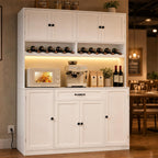 FJTJBSI 72" Tall Pantry Storage Cabinet with LED Light 55" Wide Kitchen Pantry Cabinet with Charging Station and Adjustable Shelves Modern Kitchen Hutch with Wine Rack and Large Countertop White