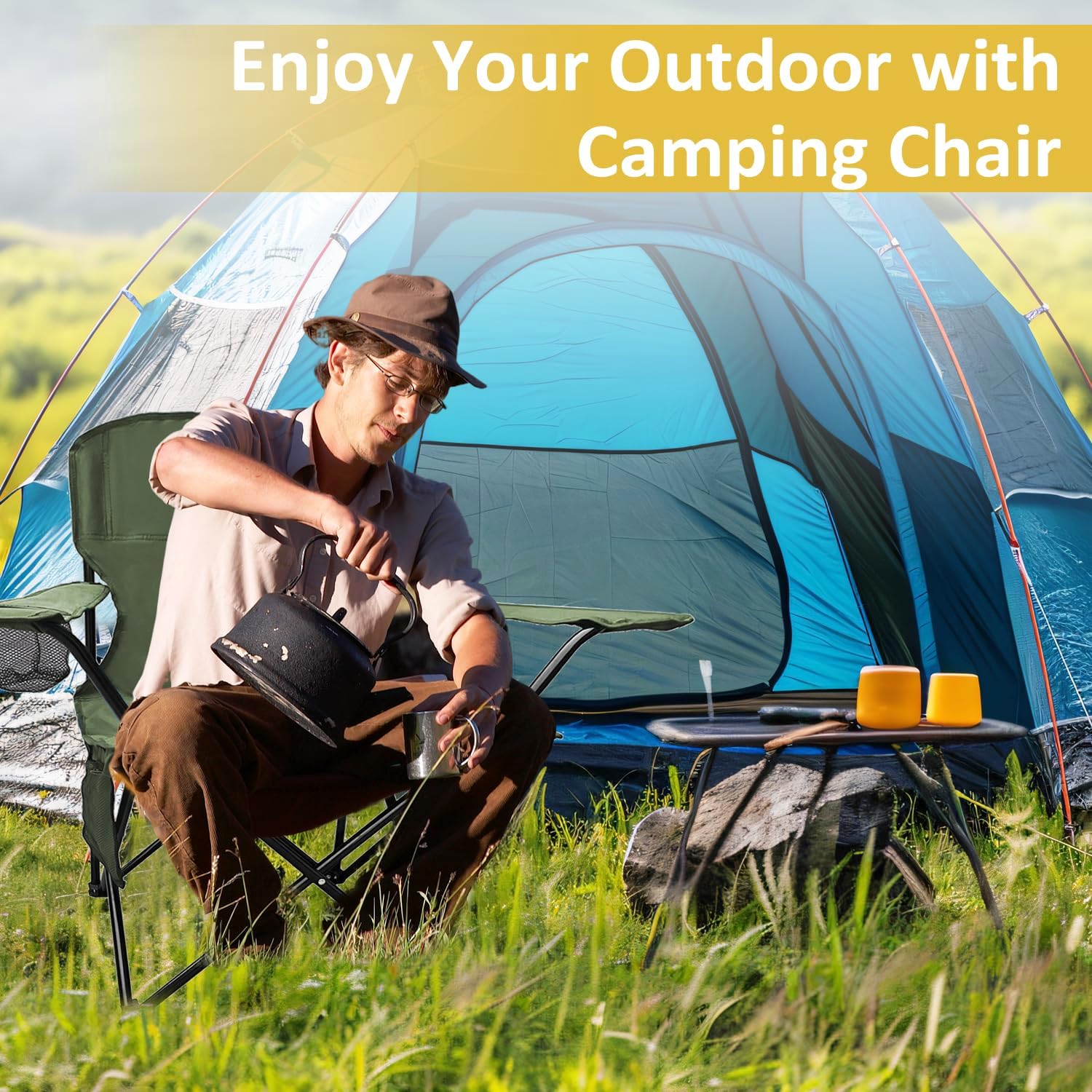 Folding Camping Chairs with High Back, Comfortable Outdoor Chairs 300lbs Capacity Lightweight Portable Chair with Storage Bag for Camping, Fishing, Green