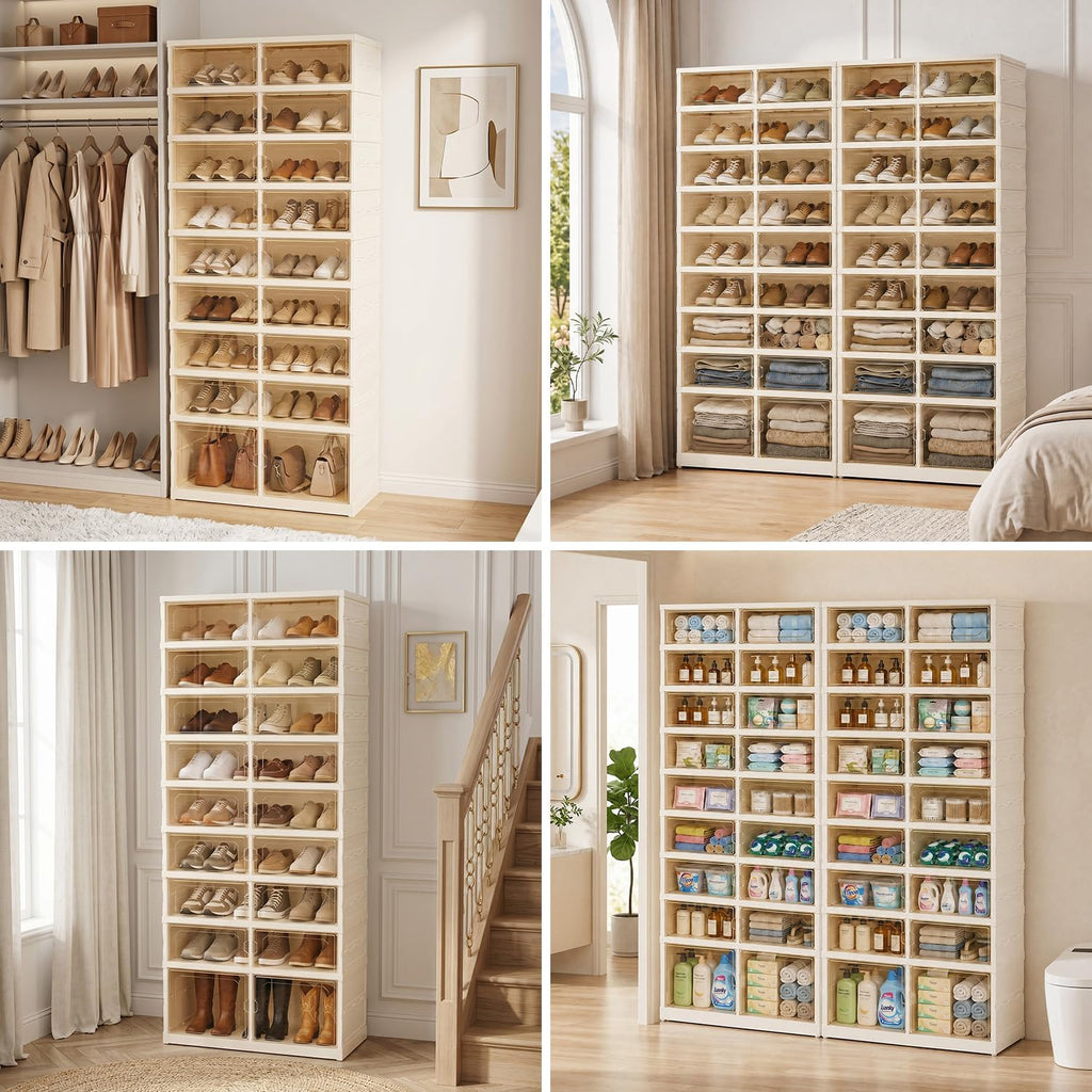 Foldable Shoe Rack with Doors, Stackable Plastic Shoe Organizer, Large Clear Shoe Storage Boxes for Closet and Entryway, Portable Collapsible Shoe Cabinet 9 Tiers, 27Pairs