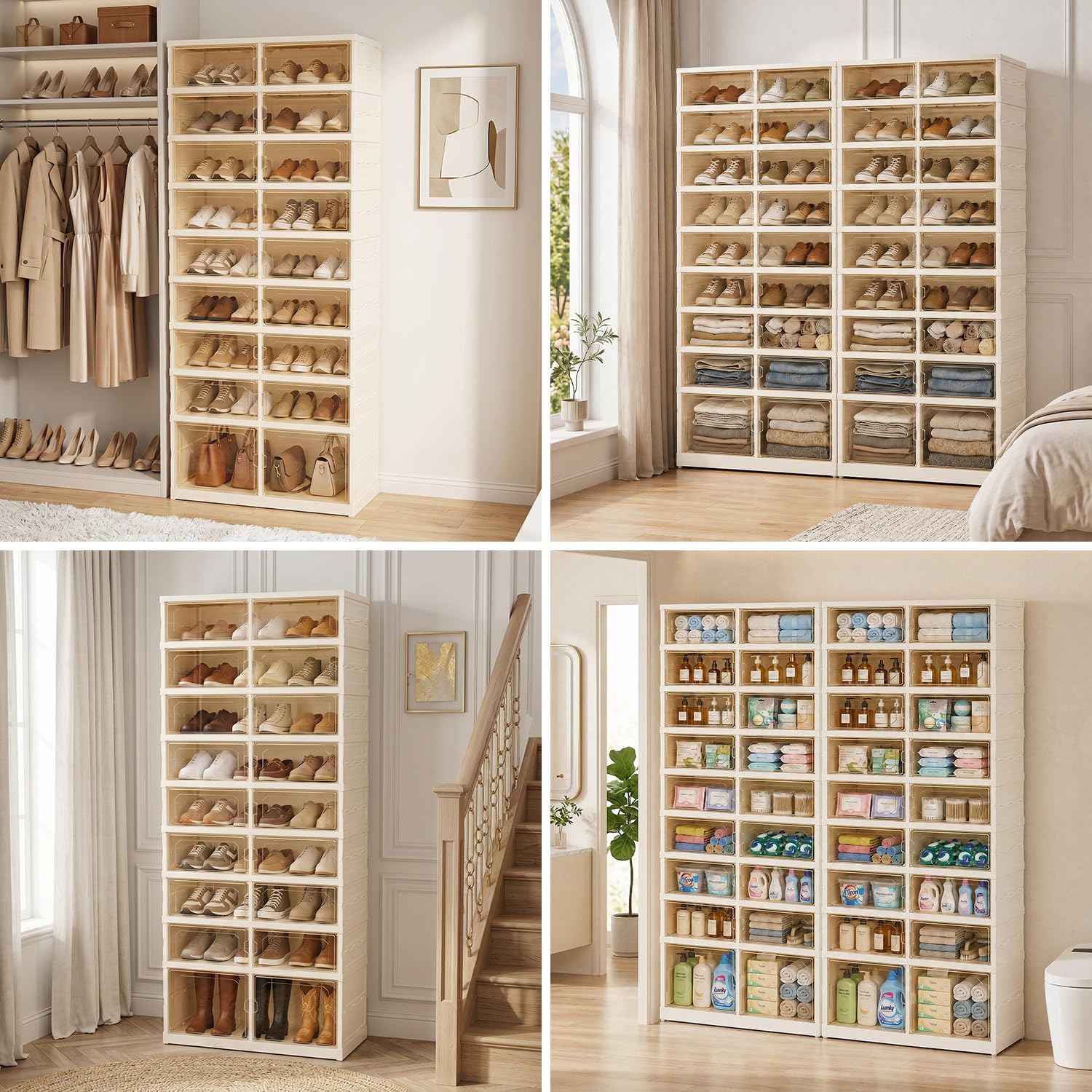 Foldable Shoe Rack with Doors, Stackable Plastic Shoe Organizer, Large Clear Shoe Storage Boxes for Closet and Entryway, Portable Collapsible Shoe Cabinet 9 Tiers, 27Pairs