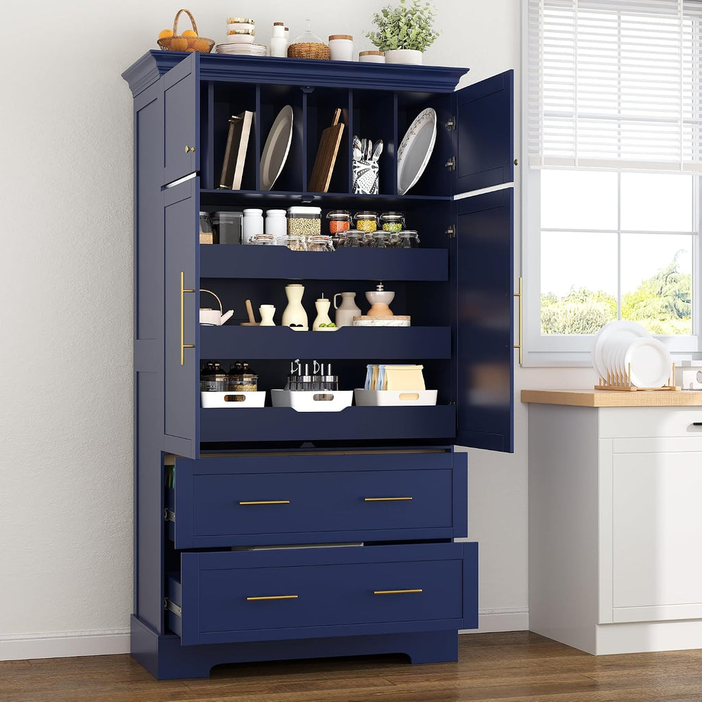72.6" Farmhouse Kitchen Pantry Cabinet with 3 Pull-Out Trays, Freestanding Large Wooden Kitchen Organizers Storage Cabinet with 2 Drawers and Cake Pan Storage for Dinging Room, Dark Blue