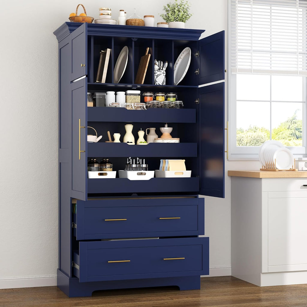 Farmhouse Kitchen Pantry Cabinet, Tall Freestanding Cupboard with Pull-Out Trays, Drawers and Cake Pan Storage Organizer for Kitchen, Dining Room (Blue)