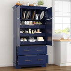 Farmhouse Freestanding Kitchen Pantry,4 Doors Dining Storage Cabinet with Pull-Out Trays, Drawers and Cake Pan Storage Organizer,for Dining Room (Blue-Q)