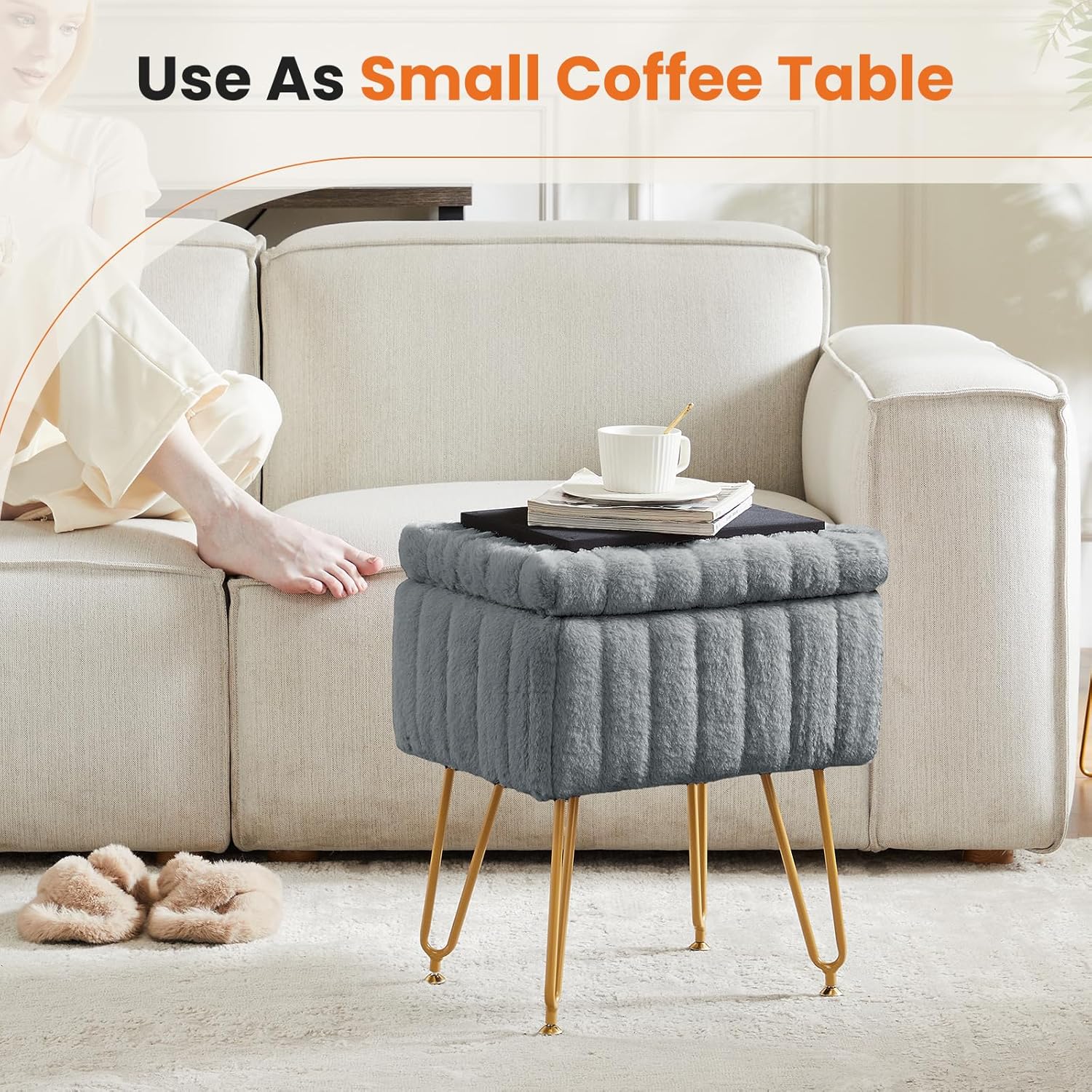 DUMOS Vanity Storage Ottoman Stool, Compact Faux Fur Footstool with Soft Seat, Modern Cute with 4 Metal Legs & Adjustable Feet for Bedroom, Living Room, Dressing Area & Dorm Grey