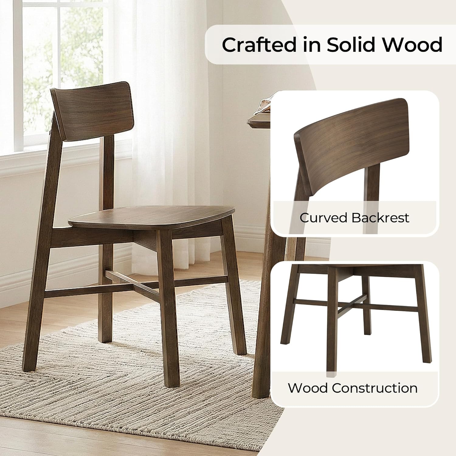 CHITA Soild Wood Dining Chairs Set of 4, Mid Century Modern Walnut Wood Kitchen Chairs with Curved Backrest, Dining Room Chair for Kitchen, Restaurant