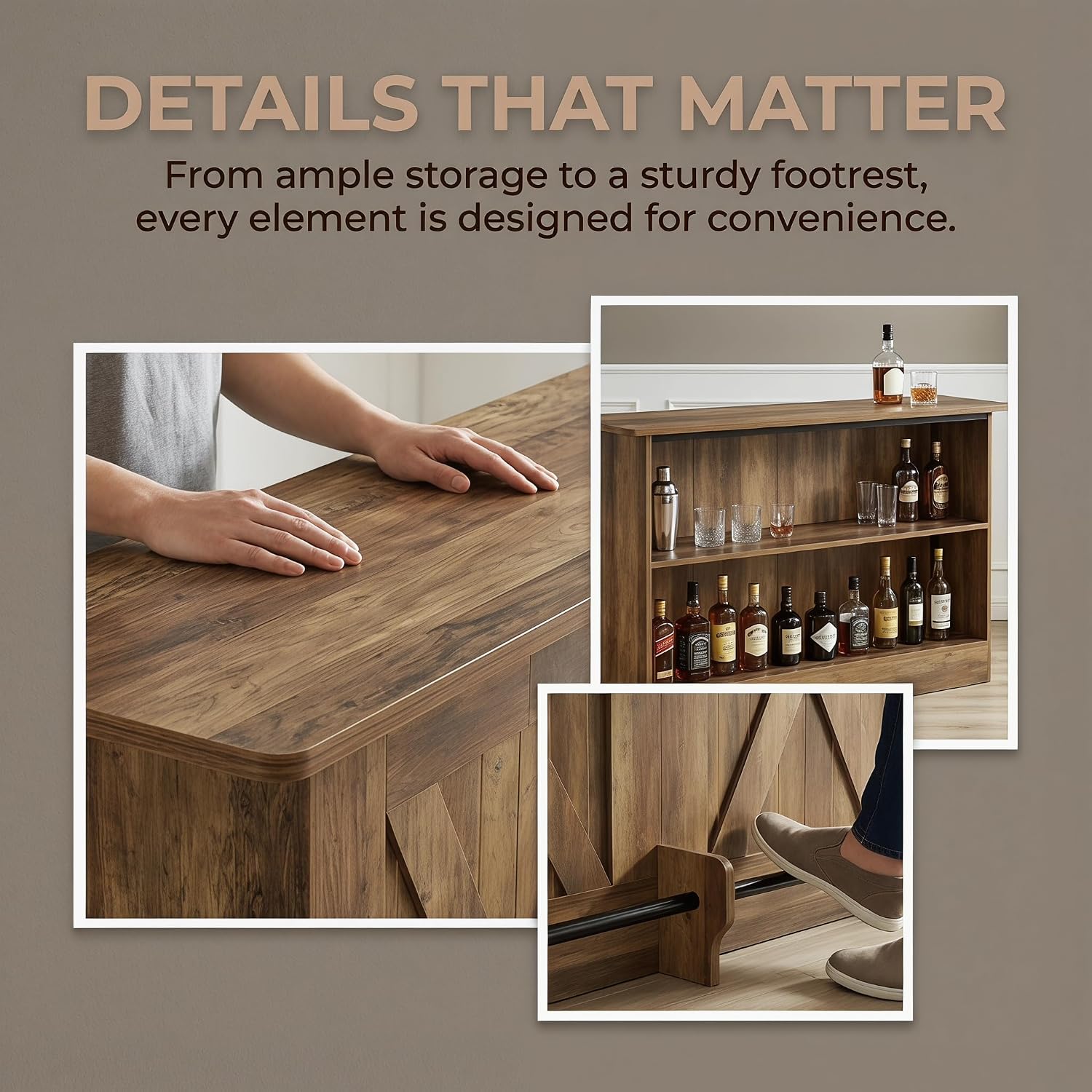 Tribesigns 63" Wooden Bar Table, Farmhouse Home Bar Unit with 2-Tier Storage Shelves and Metal Footrest, Small Bar Cabinet for Kitchen, Dining Room, Bistro (Brown)