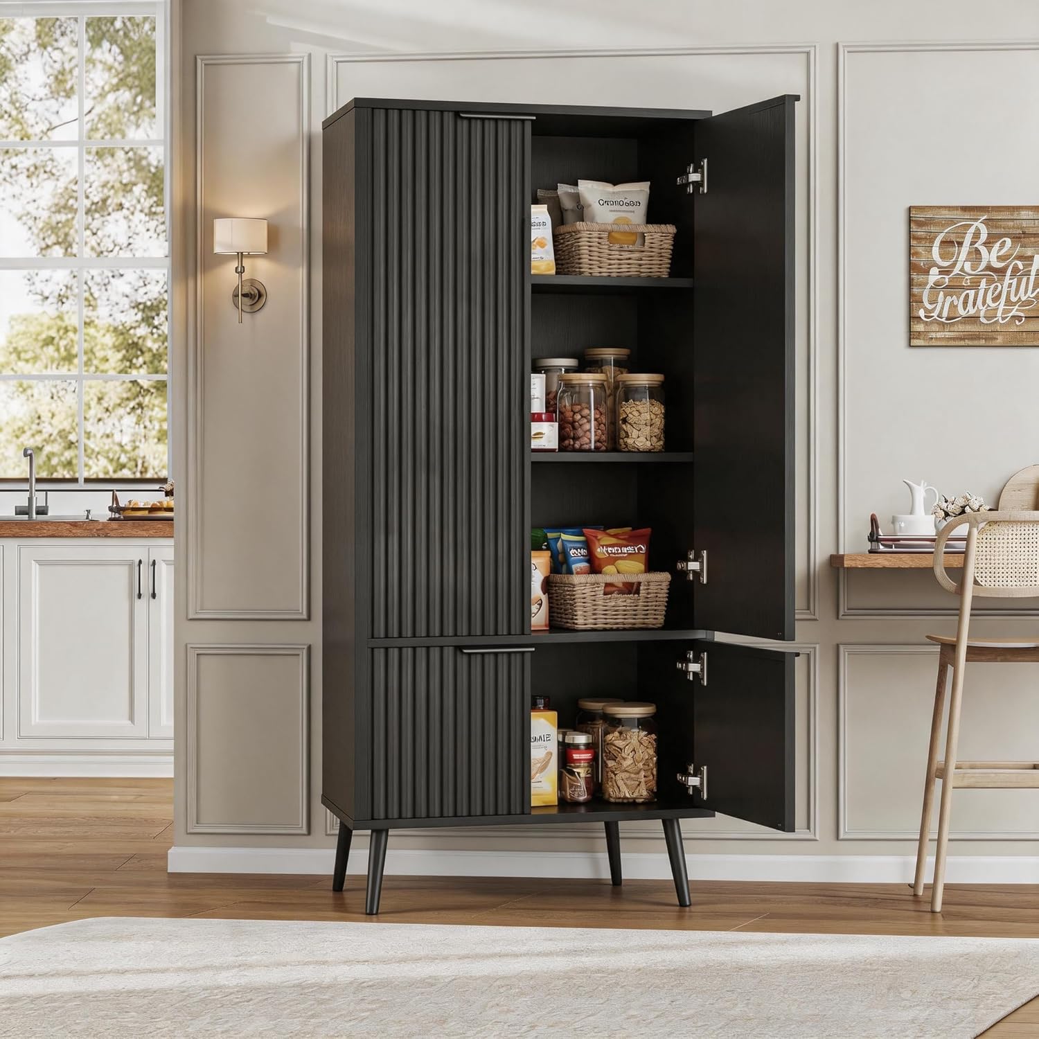 Ebony Fluted 51" Tall Wooden Kitchen Pantry Storage Cabinet Food Organize with Adjustable Shelves, Modern Accent Cabinet Sideboard Buffet for Dining Room, Entryway, Bathroom, Home Office