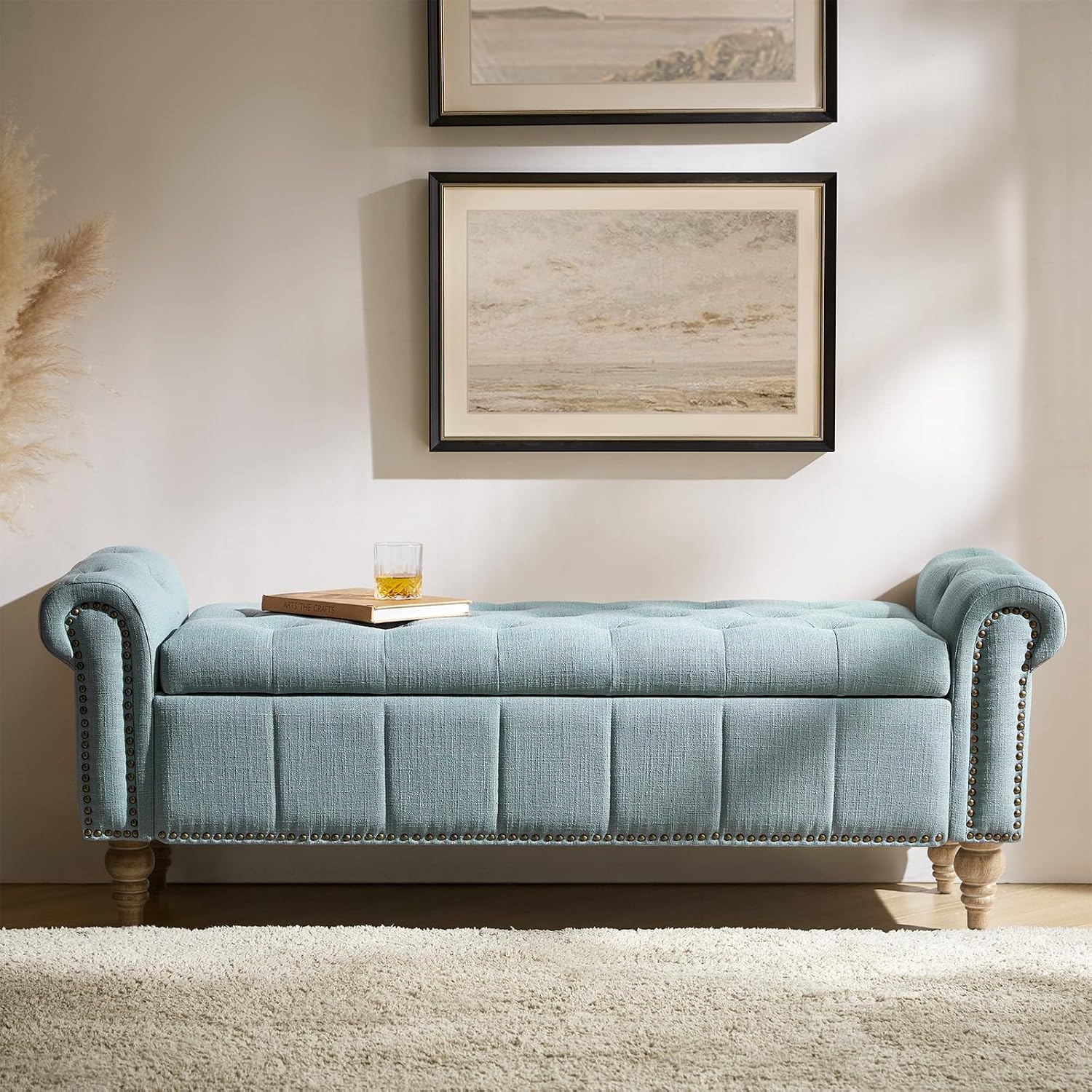 HULALA HOME Farmhouse Upholstered Storage Bench, End of Bed Bench with Vintage Button Tufted Design(Blue)