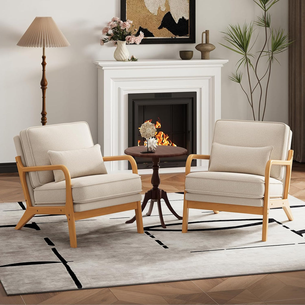 MALOL Accent Chair Set of 2 with Solid Wood Frame, Mid-Century Relaxing Armchair Lumbar Pillow& Soft Cushion, Reading Leisure Chair for Living Room, Bedroom, Waiting Room-Beige