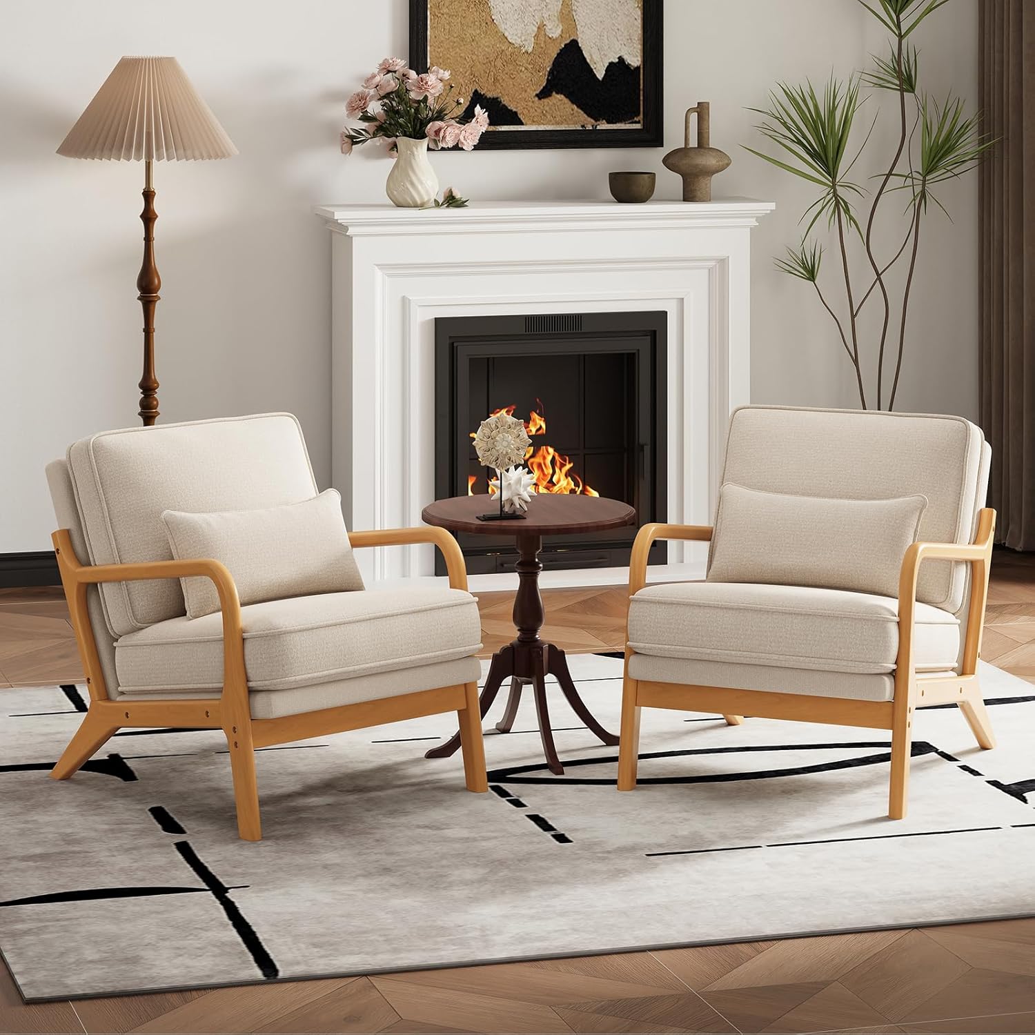 MALOL Accent Chair Set of 2 with Solid Wood Frame, Mid-Century Relaxing Armchair Lumbar Pillow& Soft Cushion, Reading Leisure Chair for Living Room, Bedroom, Waiting Room-Beige
