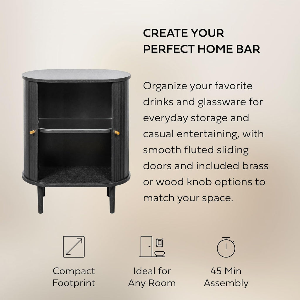 WERMO 28'' Fluted Black Bar Cabinet with Sliding Doors, Hidden Storage and Adjustable Shelf - Modern Liquor Cabinet and Narrow Wine Bar, Small Coffee Station, 28 Inch Wide Sideboard Buffet (Black Oak)
