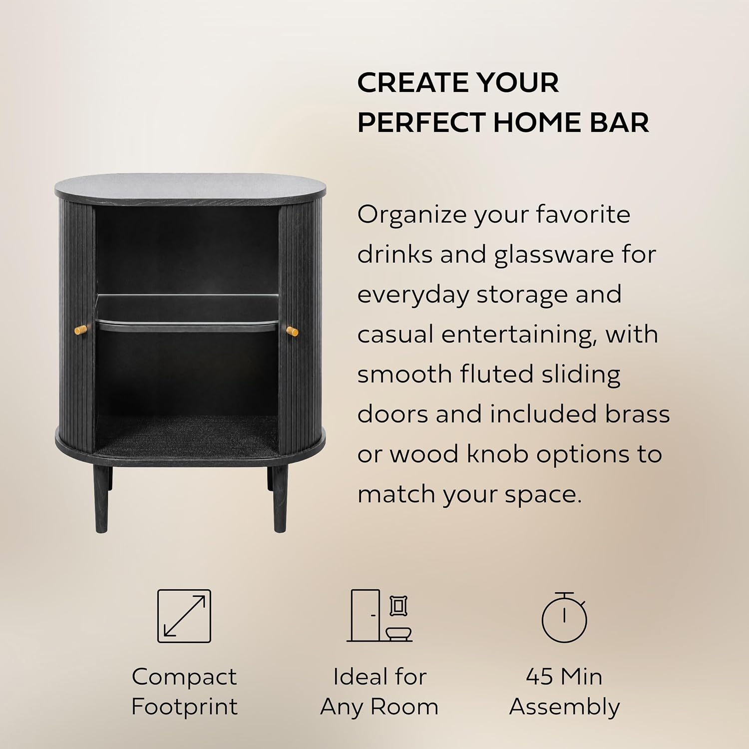 WERMO 28'' Fluted Black Bar Cabinet with Sliding Doors, Hidden Storage and Adjustable Shelf - Modern Liquor Cabinet and Narrow Wine Bar, Small Coffee Station, 28 Inch Wide Sideboard Buffet (Black Oak)