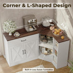 Loomie Corner Cabinet w/Charging Station, Kitchen Pantry Cabinet w/2 Tier Lazy Susan Turntable, Farmhouse Food Pantry w/Drawer & Doors & Adjustable Shelf, L-Shaped Sideboard for Dining Room (White)