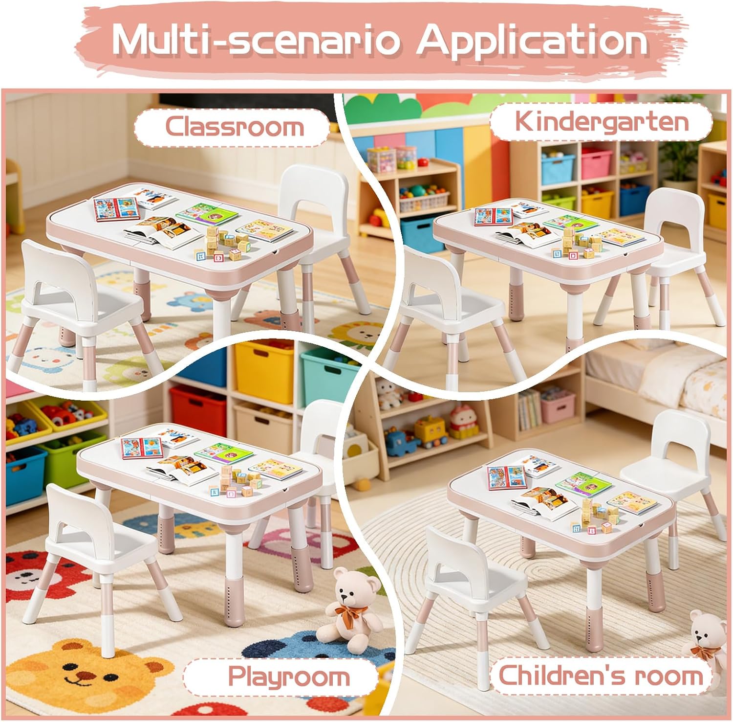 Kids Table and Chair Set with Storage, 5 in 1 Height Adjustable Toddler Table and 2 Chair Set, Toddler Kids Activity Table for Building Blocks/Drawing/Reading/Dining/Sand and Water Play (Pink)