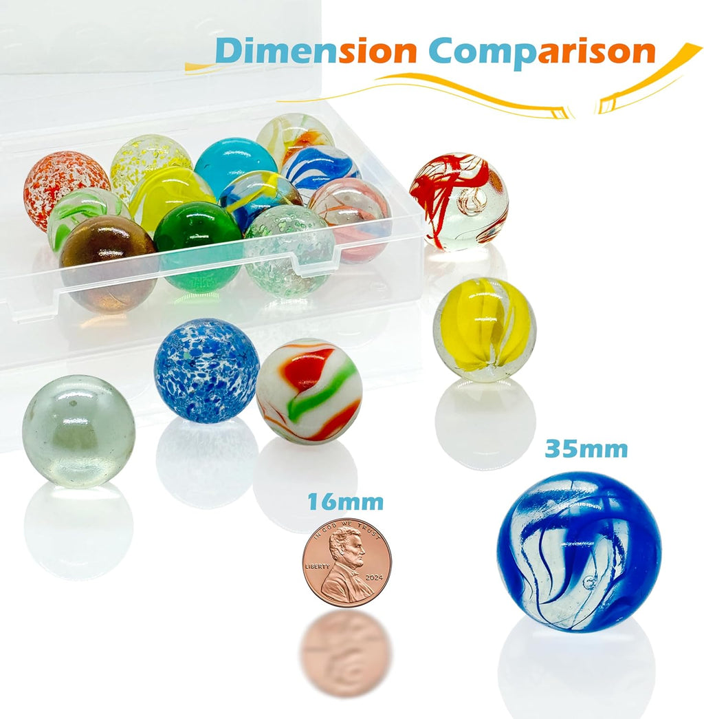 Taken All 18 Pcs 35mm Large Glass Marbles, 1.38 Inch Playing Glass Shooters Colorful Assorted Marbles for Classic Ring Game, Home Decoration, Vase Fillers - Ideal for Kids, Adults, Family, Party
