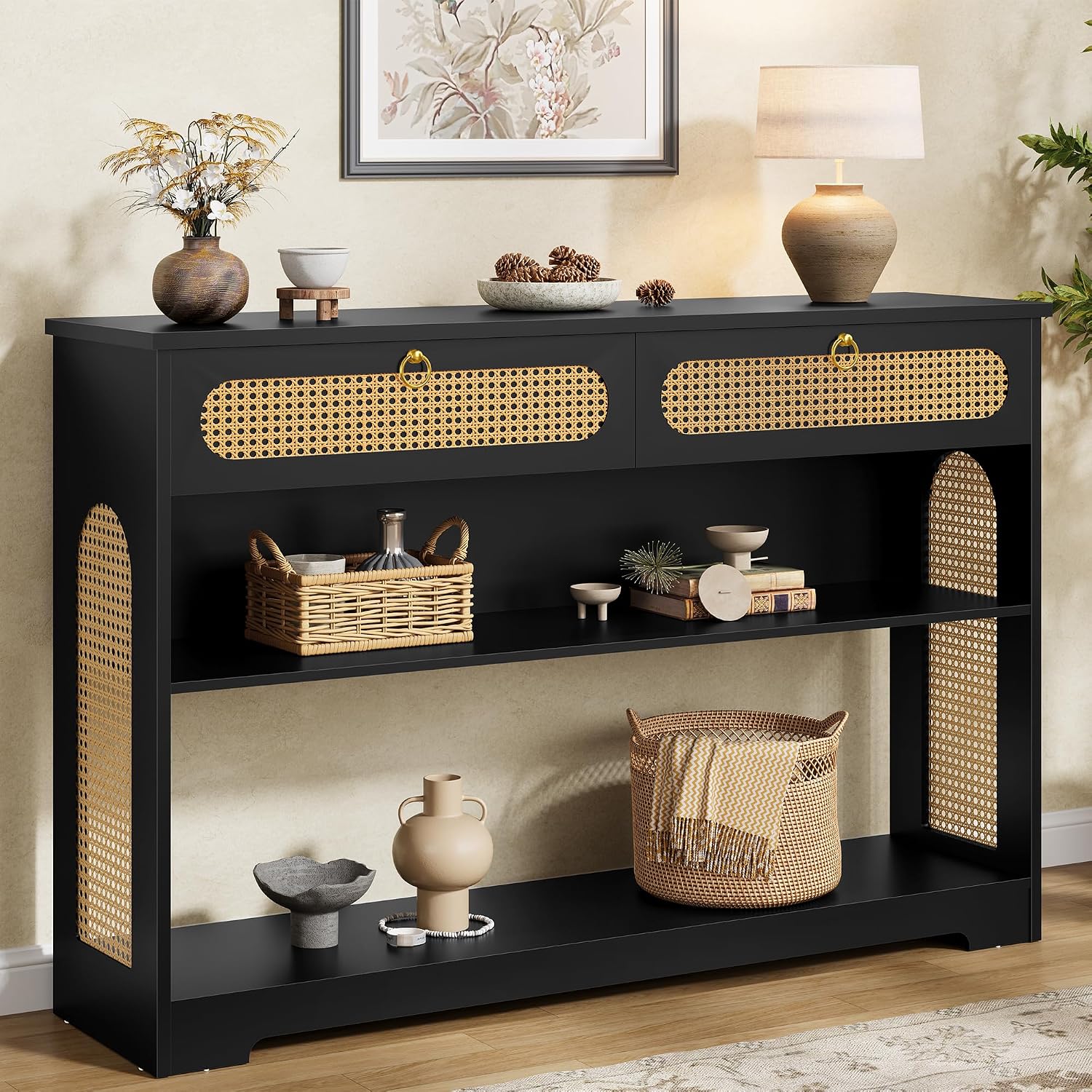 Hoctieon Rattan Console Table with 2 Drawers, 3-Tier Boho Woven Entryway Table with Back Panel and Open Storage Shelf, 40" Wood Narrow Long Sofa Tables for Hallway, Foyer, Living Room, Black