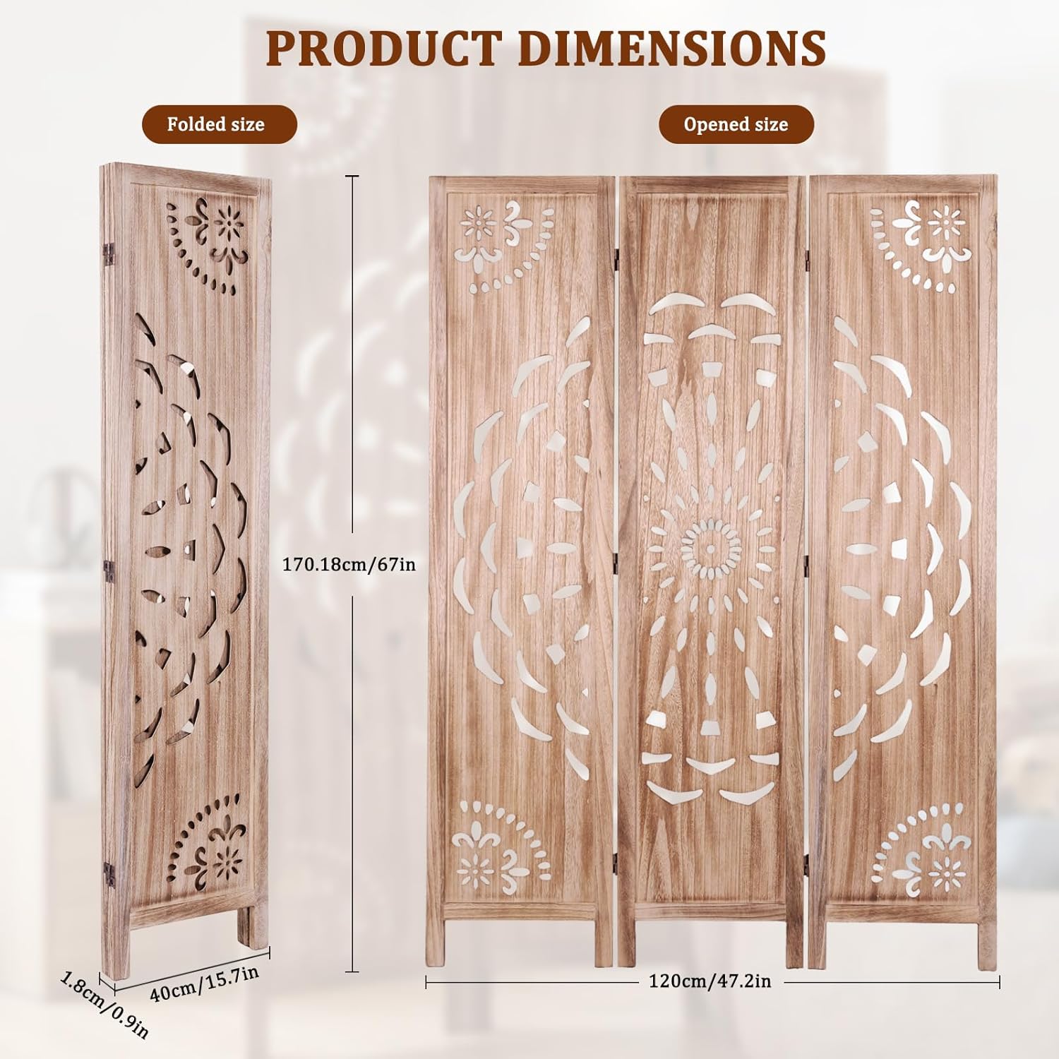 Boho Wood Carved Room Divider 3 Panel 67 Inch, Free Standing Privacy Screen with Anti-Slip Feet, Foldable Partition for Bedroom, Home Office, Headboard and Yoga Backdrop, Brown