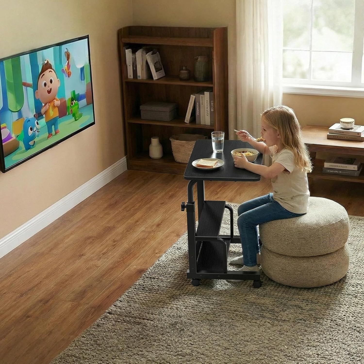 WINAZ Small Rolling Desk for Small Spaces - 24" Portable Kids Desk with Wheels, Height Adjustable C Shaped Side Table Mobile Laptop Desks with 2-Tier Storage Shelves for Bed Sofa, Black