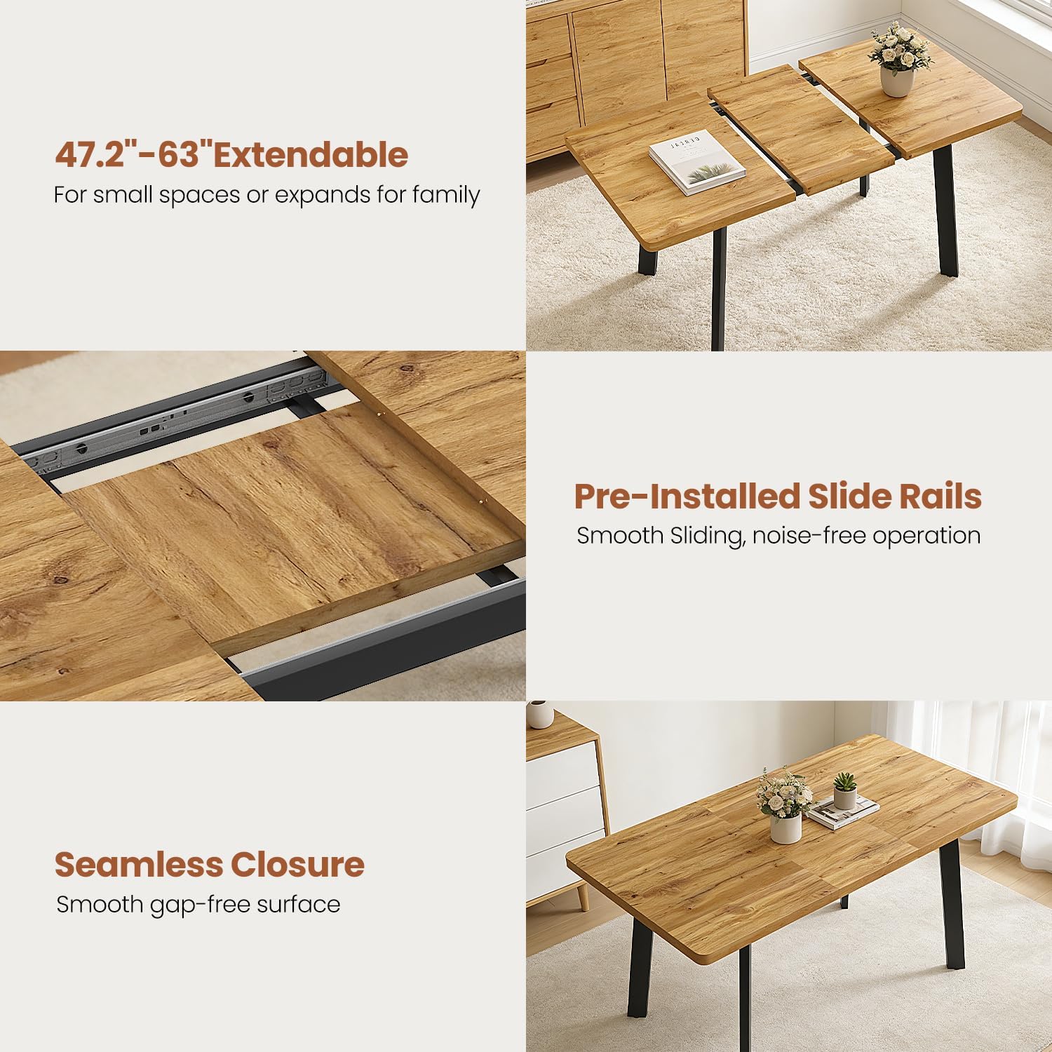 Extendable Dining Table for 4 to 8 People, 47.2" to 63" Modern Kitchen Table with Removable Extension Leaf, MDF Expandable Dining Room Table Compact for Small Spaces, Walnut
