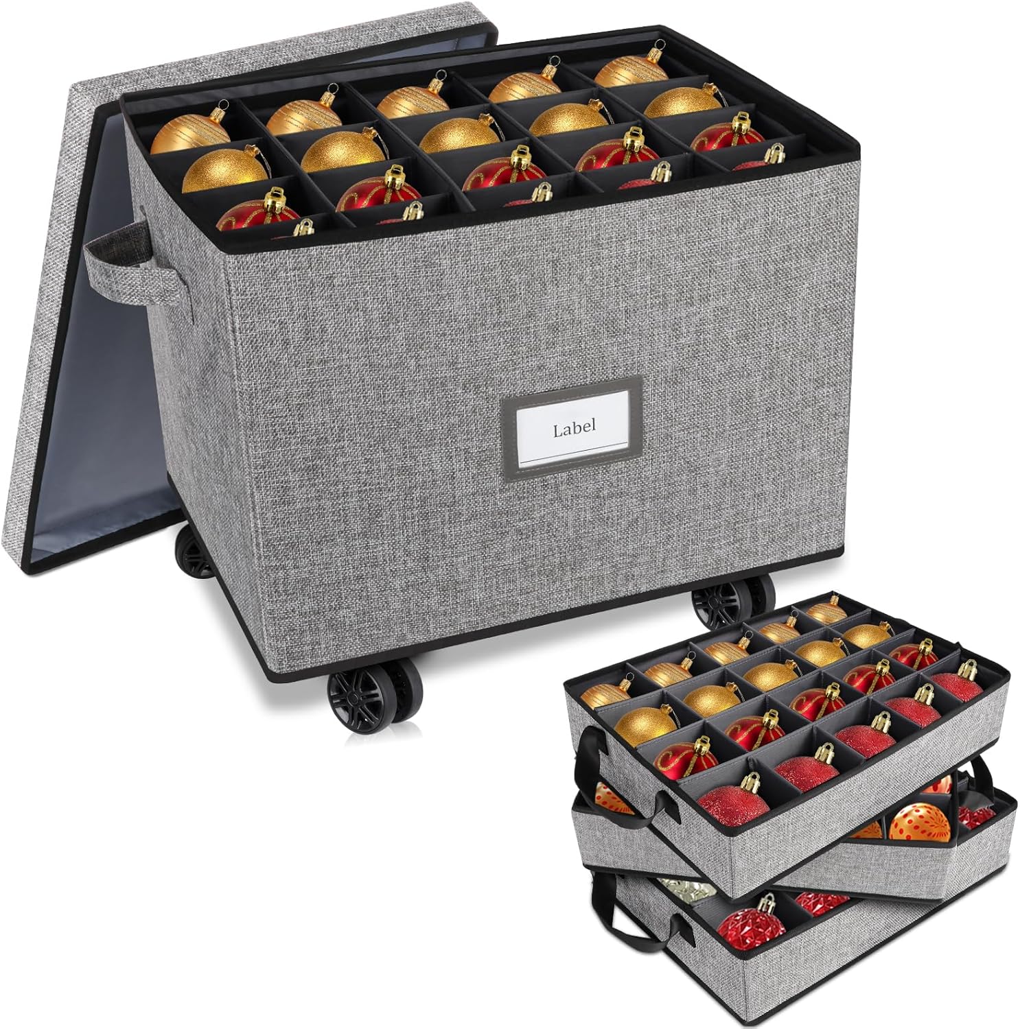 Lukeline Rolling Christmas Ornament Storage Box, Holiday Ornament Organizer with 3 Individual Removable Trays, Large Capacity Christmas Ornament Box with Tow Rope and Double Handles