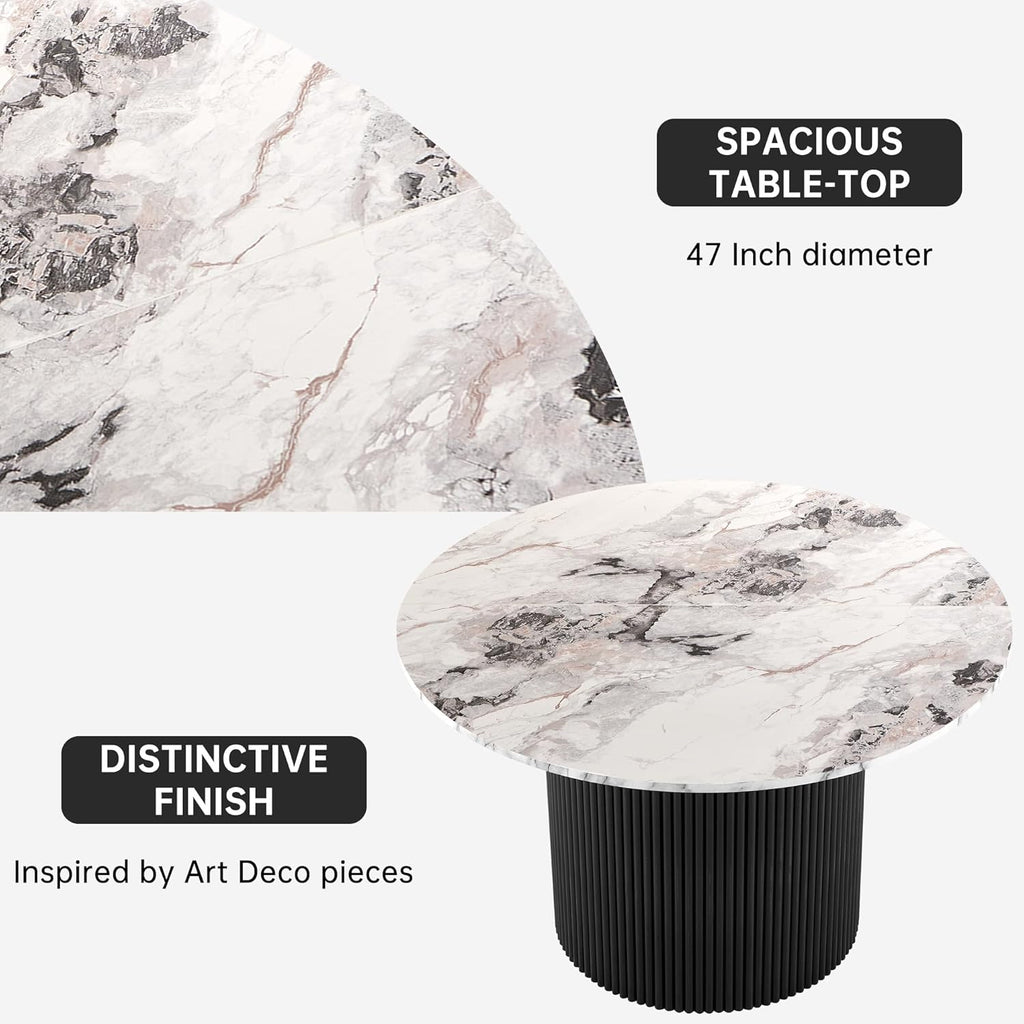NORDICANA 3-Piece Round Dining Table Set for 2, Modern 47-Inch Kitchen Table and Chair Set, Dining Set with Dark Green Upholstered Armchairs, Manufactured Wood Top with White Marble Effect Finish