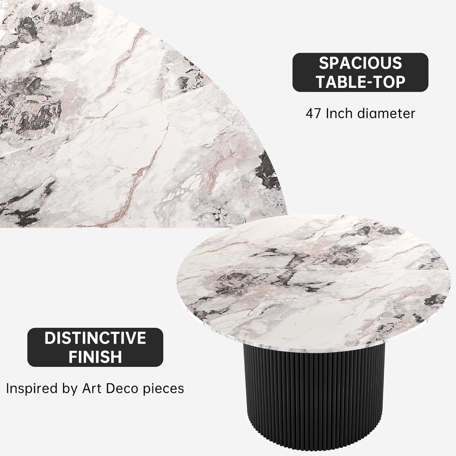 NORDICANA 3-Piece Round Dining Table Set for 2, Modern 47-Inch Kitchen Table and Chair Set, Dining Set with Dark Green Upholstered Armchairs, Manufactured Wood Top with White Marble Effect Finish