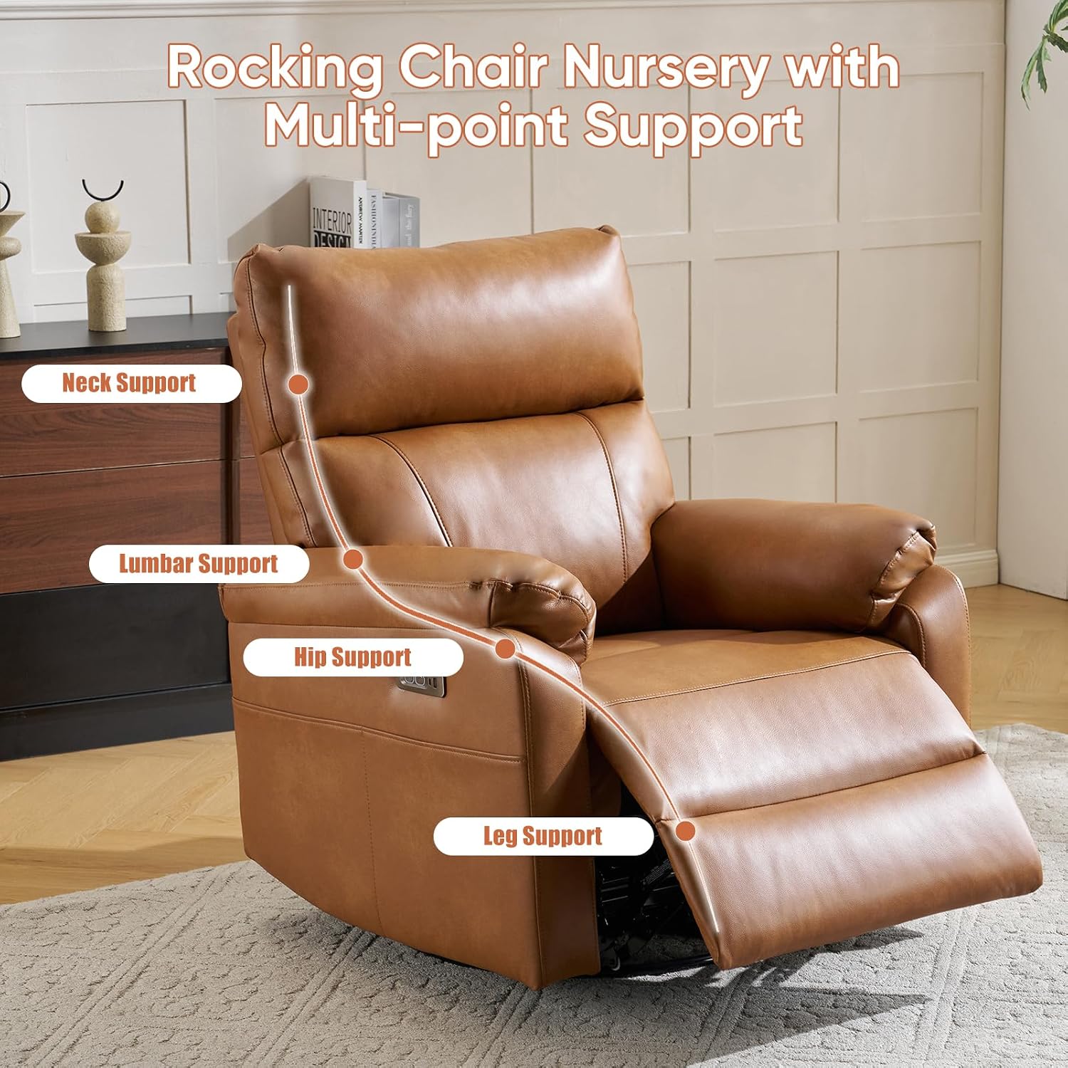 Power Recliner Chair with Adjustable Lumbar Support, Swivel Rocker Recliner with Overstuffed Armrests, Nursery Glider Recliner, Rocking Chair Nursery for Bedroom,USB&Type-C,Faux Leather Camel