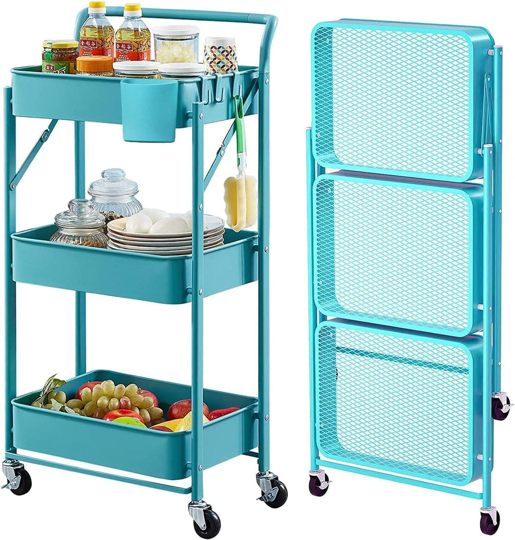 BEEY Foldable Metal Storage Cart Rolling Baskets with Wheels, No Assembly, Metal Wire Market Basket Storage Organizer Stackable Storage Bins for Kitchen,Pantry,Bedroom (Blue, 3 Tier-3665)