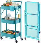 BEEY Foldable Metal Storage Cart Rolling Baskets with Wheels, No Assembly, Metal Wire Market Basket Storage Organizer Stackable Storage Bins for Kitchen,Pantry,Bedroom (Blue, 3 Tier-3665)