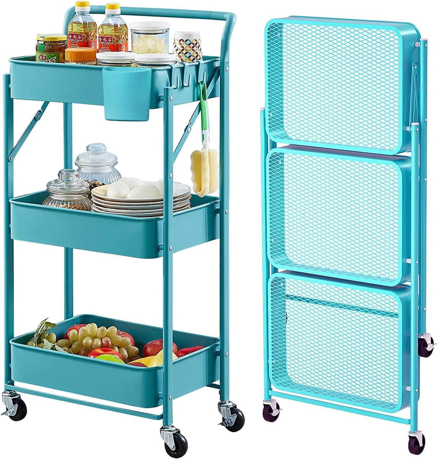 BEEY Foldable Metal Storage Cart Rolling Baskets with Wheels, No Assembly, Metal Wire Market Basket Storage Organizer Stackable Storage Bins for Kitchen,Pantry,Bedroom (Blue, 3 Tier-3665)