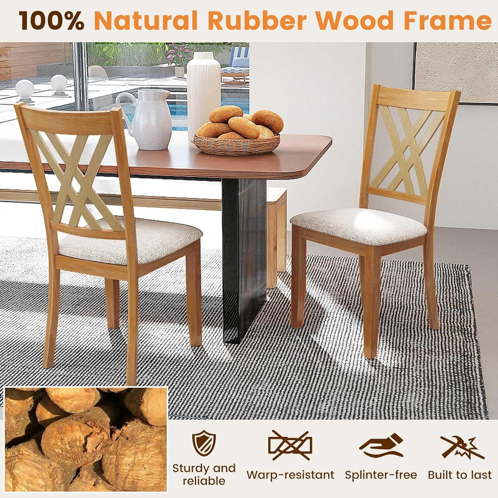 Giantex Wooden Dining Chairs Set of 2, Linen Fabric Upholstered Kitchen Chair w/Rubber Wood Frame, Wide Padded Seat, Curved Cross Back, Farmhouse Side Chairs for Dining Living Room Restaurant