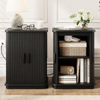 ONBRILL Square End Table with Storage & Charging Station, Fluted Accent Side Table with Sliding Door & Sturdy Pedestal, Mid-Century Modern Nightstand for Small Space, Living Room, Bedroom, Black