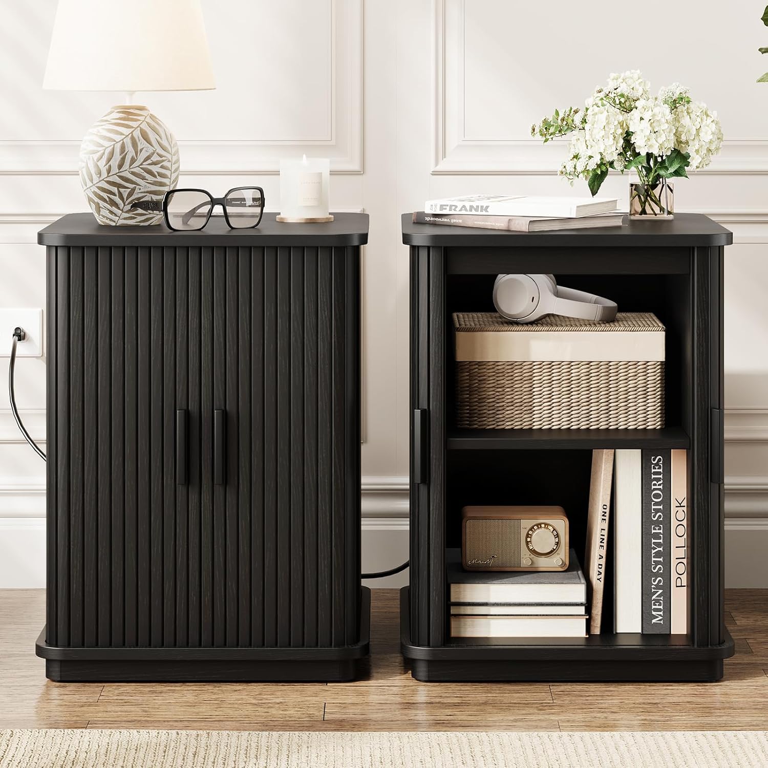 ONBRILL Square End Table with Storage & Charging Station, Fluted Accent Side Table with Sliding Door & Sturdy Pedestal, Mid-Century Modern Nightstand for Small Space, Living Room, Bedroom, Black